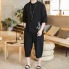 Erkek Eşofman Keten Yaz Eşofman Erkekler 2021 Gevşek Nakış Takım Elbise Setleri Erkek Rahat Pantolon Çin Tarzı Boy T Gömlek