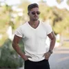 Gym T-shirt Men V Neck Short Sleeve Knitted Tshirt Sports Slim Fit Tee Shirt Male Fitness Bodybuilding Workout Summer Clothing 210722