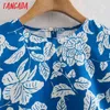 Women Retro Blue Print Romantic Blouse Flare Sleeve Chic Female Shirt Tops XN296 210416