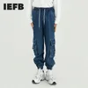 IEFB Herrkläder Arbetskläder Dark Blue Denim Trousers Turnup Elasic Waist Byxor Lös kausalfjäder Jeans Man 9Y5393 210524