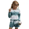 Casual Lange Mouwen Dames Twee Stuk Suit Herfst Elastische Taille Tie-Dye Pyjama Set Vrouwen 2 Shorts Volledige 210508