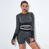 Yoga Outfit Women Seamless Sport Suit Set Gym Workout Clothes Long Sleeve Fitness Crop Top + High Waist Energy Running Shorts
