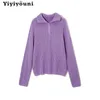 Yiyiyouni Zipper Polo Collar Knitted Oversized Sweater Women Autumn Winter Casual Thick Pullovers Female Loose White Jumper 211216