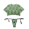 Swimwear Women Short Cap Sleeve Snake Print Bikini Female Swimsuit Stripe Two Pieces String Thong Biquini Set Bathing Suit 210520