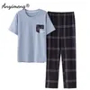 Artı Boyutu Pijama 3XL 4XL Pijama Kısa Kollu Uzun Pantolon Pamuk Homewear Eğlence Pijama Ekose Erkekler Yaz Gecelikler 210918