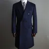 Формальные темно-синие мужские костюмы из толстой шерсти на заказ, двубортные смокинги, блейзер с остроконечными лацканами, деловое длинное пальто