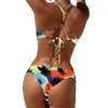 Damenbadebekleidung 2021 Print Bikini Set Bügel Dreieck Micro Sommer Baden Hohe Taille Weibliche Badeanzug Verstellbarer Riemen Bandage Biqu