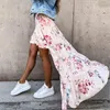 Saia longa assimétrica feminina 2022 verão estampa floral babados saia boêmia moda cintura alta praia festa streetwear