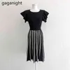 Gaganightエレガントな女性のマキシニットパッチワークドレス半袖夏のレディシックなドレスストライプフリルvestidos 210519