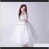 Платья детская одежда Детская родильная доставка 2021 Детская принцесса свадебное платье из бисера аппликация с длинным рукавом назад ремень сплошное сетчатое кружево