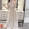 Fashion Design Vintage White Black Mesh Dress Autumn Design Sequin Flower Embroidered V-Neck Wrist Sleeve Long Dress Women 210514