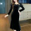 Kimutomo Kobiety Sukienka Wiosna Jesienna Ladies V-Neck Slim High Waist Smoking Puff Rękaw Black Velvet Party Dress Mermaid Elegancki 210521