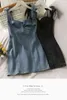 Korean bow tie strap beautiful back suspender short Dress female Vintage slim wild bag hip denim dress summer vestido 210420