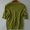 緑の刺繍夏のセーターカーディガンの女性Vネック手作りの印刷パターン編み物女性半袖カジュアルトップコート210918