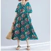 Johnature Loose Dress Casual Print Short Pockets Summer Dress Knee-length Regular Natural O-neck Cotton Women Dress 210521