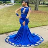 Kraliyet Mavi Uzun Kollu Mermaid Abiye Altın Aplikler Ile Artı Boyutu Afrika Siyah Kızlar Gelinlik Örgün Parti Giymek Robe De Soirée Vestido Largo Fiesta