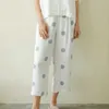 Summer Casual 100% Viscose Women's White Short Sleeve Pajama Sets Blue Dot Ankle-Length Pants Loose Comfortable Sleepwear Suits 210809