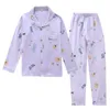 Vrouwen katoen gaas pyjama lange mouw lente pyjama set paarse lavendel print nachtkleding 2 stuk casual losse sexy nachtkleding 210809