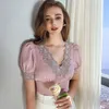 Dabuwawa Sexy V-Neck Lace Chiffon Blouse Women Summer Button Front Puff Sleeve Casual Shirts Tops Ladies Slim Fit DO1BCF003 210520