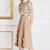 [DEAT] Summer Fashion Ruffles Sexy Strapless Turn-down Collar Short Sleeve Splicing Loose Elegant Dress 13C467 210527