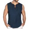 Helisopus Mens Summe Tank Tops Cotton Linen Casual Sleeveless Tees Loose Lace Up O-Neck Streetwear 210623