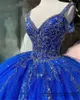 Abiti Quinceanera 2021 Blu Principessa Perline Paillettes Party Prom Formale Scollo a V Appliques Crystal Tulle Ball Gown Lace Up Abiti De 15 Anos Q05