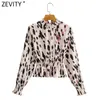 Kvinnor Vintage Leopard Print Elastisk midja Slim Shirt Stand Collar Långärmad Blus Lady Roupas Femininas Skörd Tops LS9185 210420
