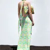 Dorywczo kobieta Zielona Halter Druku Długa Sukienka Lato Moda Damska Backless Beach Es Kobieta Bez Rękawów MIDI 210515