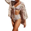 Women Bikini Cover-up Loose Long-sleeved Print Beach Blouse Summer Casual Sun Protection Cardigan Swimsuit Smock Women's Swimwear