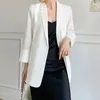 [EAM] Женщины Белый Темперамент Blazer Отворота Три четверти Рукав Свободная подходящая Куртка Мода Весна Лето 1D7756 210512