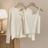 Casual Sling Camisole Stickad Cardigan Jacka Kvinnor Koreansk Fashion Basic Vest + Långärmad Top Solid 2 Piece Set Sweater Oversize 210922