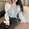 Neploe Knitted Patchwork Women Blouses Korean Plaid Blusas Slim Fit Puff Sleeve Shirts Spring Fashion Square Collar Tops 210422