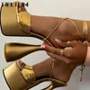 Kleidschuhe Ribetrini Sexy Damen Offene Spitze Plattform High Heels Frauen Sandalen Luxus Knöchel Riemchen Goldene Party Trendy Stilvoll