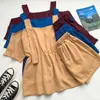 Kimutomo Sommeranzug Frauen Mode Einfarbig Schulterfrei Sling Top + Hohe elastische Taille Breites Bein Shorts 2 Stück Sets 210521