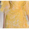 [DEAT] Frauen Kleid V-ausschnitt Hohe Taille Bodenlangen Halbarm Druck Elegante Lose Fit Mode Sommer 13Q333 210527