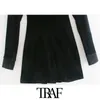 Traf女性ファッションブラックベルベットフィットミニシャツドレスビンテージVネック長袖女性ドレスvestidos Mujer 210415