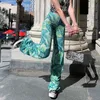 Paisley print groen rechte y2k joggingbroek hoge taille gestapelde broek vrouwen mode chique stropdas kleurstof ruches broek voor vrouwelijke 210415