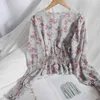 Корейский погружной V-образным вырезом мягкая шифоновая рубашка пружинная одежда универсальный отрезной ушной край флористическая рубашка талия Top 210507