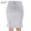 Liooil algodão assimétrico preto buraco branco denim midi saia com tassel streetwear alta cintura lavagem afligida mulheres bodycon saia 210408