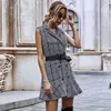 double breasted plaid blazer ruffle short autumn winter dress women vintage sleeveless office ladies elegant dress 210415