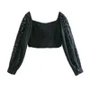 Мода женская жаккардовая органза с длинным рукавом сращивание короткая рубашка Женская черная блузка повседневная леди урожай вершины Blusas S8522 210430