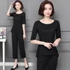 M-5XL Yaz Iki Parçalı Setleri Kadınlar Artı Boyutu Yarım Kollu Tops Ve Pantolon Takım Elbise Pembe Siyah Casual Ofis Zarif Kadın 210513