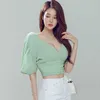 Lato Koreański Temperament Kobiety V-Neck Latarnia Rękawy Moda Plisowana bluzka 210531