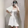 Summer White Mini Dress Women Puff Short Sleeve Sweet Cotton es Back Bow Tie Hollow Out Solid Casual Vestidos 210515
