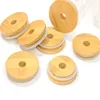 Wholesale 62mm 68mm Friendly Bamboo Lids Reusable Caps Drink juice lid with Straw Hole and Silicone Seal