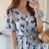 L-4XL Plus Storlek Sommar Kvinnor Casual Printing Dress Kortärmad Streetwear High Waist V Neck Koreansk stil Klänningar Vestidos 210515