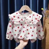 Ruffles Collar baby Girls Camisas Tops Algodão Jacquard Crianças Flare Manga Camisa Primavera Outono Roupas Blusa