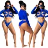 Summer Beachwear 2 Piece Tracksuits Club Outfits Women's Tracksuit Hollow Out Zipper Up Long Sleeve Crop Top and Low Waist Short Sweatsuit