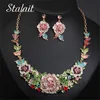 Luxury Flower Leaf Inlay Full Rhinestone Necklace Earrings Set Bridal Jewelry For Female Fashion Clothing Accessories H1022