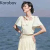 コロバフスクエアカラーレースアップ夏のブラウスの女性ソリッドカラー半袖シャツ女性韓国風新しいシックな作物トップスBlusas 210430
